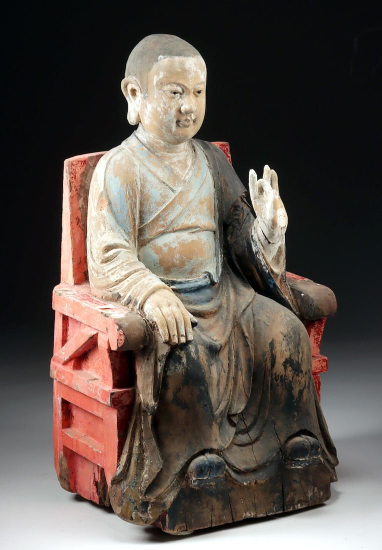Ming / Qing Lohan Statue, Glass Eyes, Shunya Mudra: East Asia, China, late Ming to early Qing Dynasty, ca. 17th to 18th century CE. A solemn and sensitively rendered wooden sculpture of a lohan (also known as arhat), a venerable disciple of the Buddha,