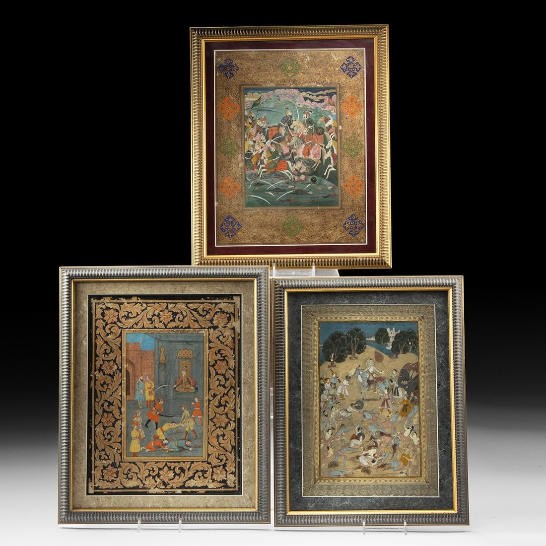 Three 19th C. Indo-Persian Mughal-Style Paintings - Battle Scenes: South Asia, Indian subcontinent, Mughal style, ca. 1850–1950 CE. A trio of miniature paintings in the Mughal manner, executed in opaque watercolor and gold on paper, each inset into a later illu