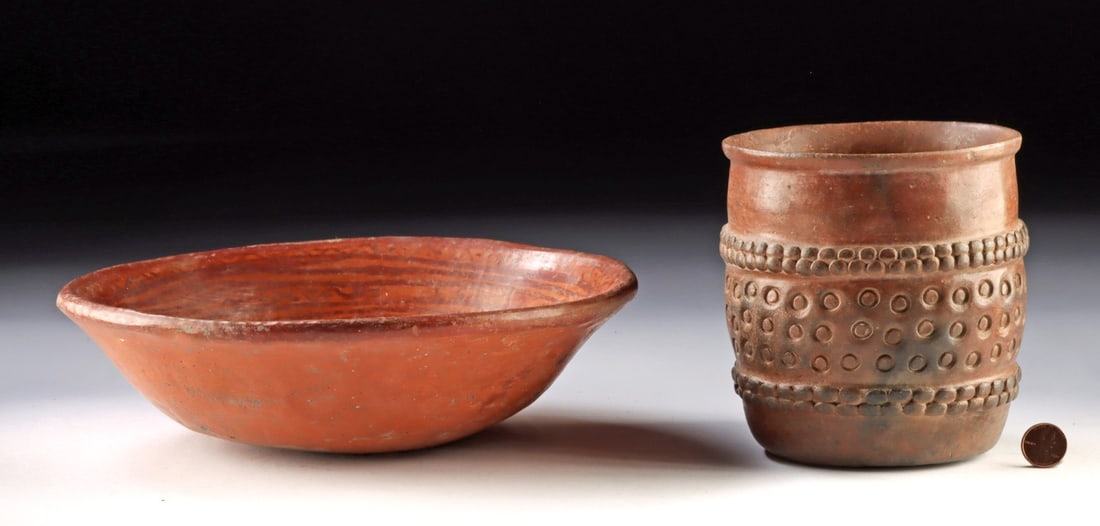 Maya Copador Bowl + Jalisco/Colima Barrel Rattle Vessel: Ca. 200 - 250 CE. Pre-Columbian, Mexico and El Salvador. Two interesting pottery vessels including Maya shallow bowl in the Copador style of El Salvador. Interior decorated with bands of red circles a