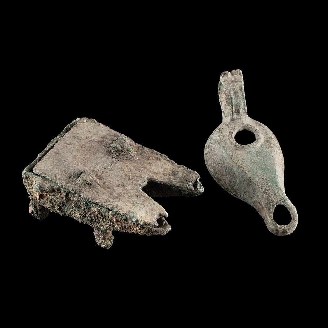 Byzantine Copper Alloy Oil Lamps - Pair, One Multi-Nozzle on Feet (1 of 3)