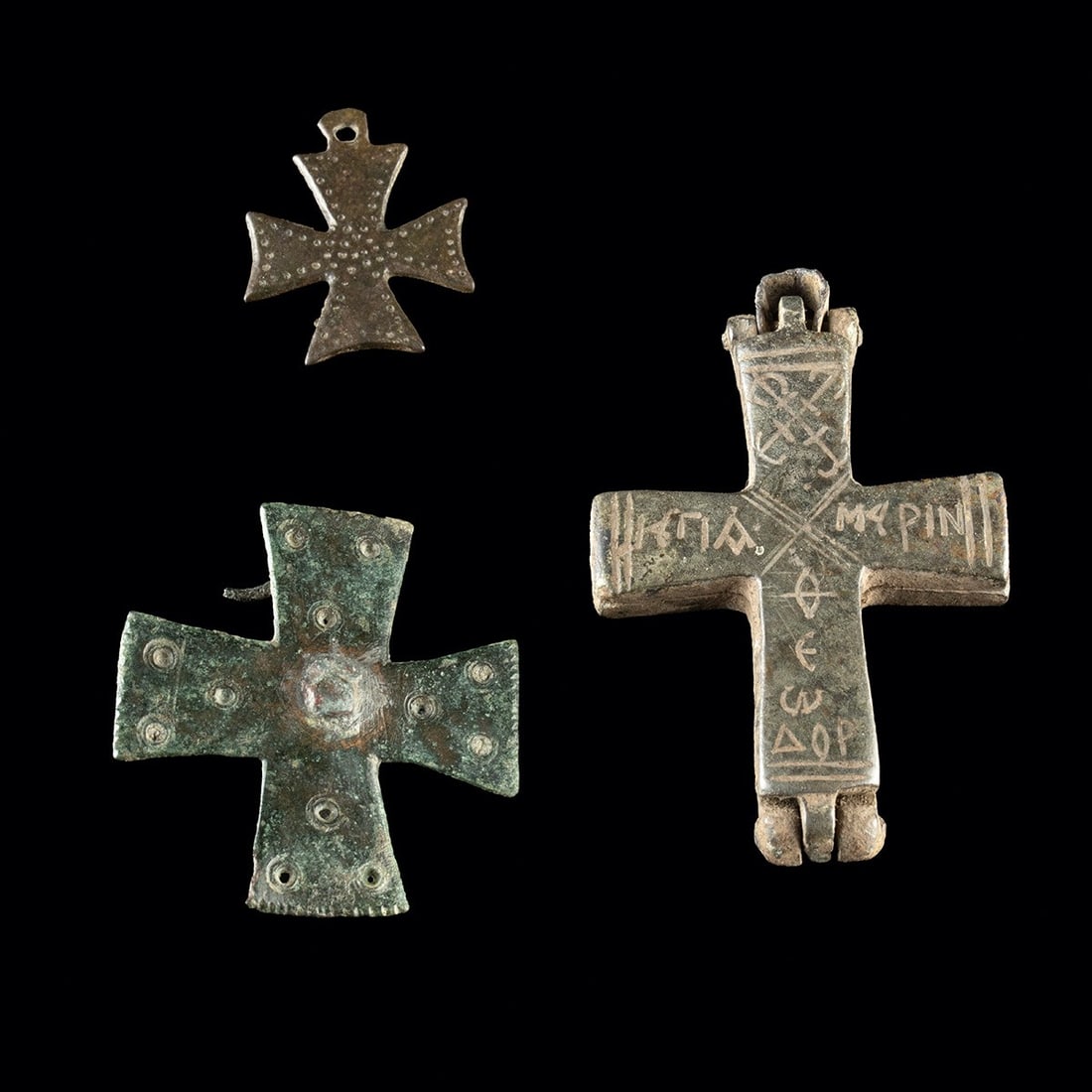 Three Byzantine Post-Medieval Bronze Crosses - Greek-Inscribed Reliquary (1 of 2)