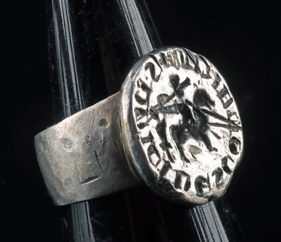 13th C. European Silver Signet Ring, Equestrian Figure, Lombardic Legend (1 of 4)