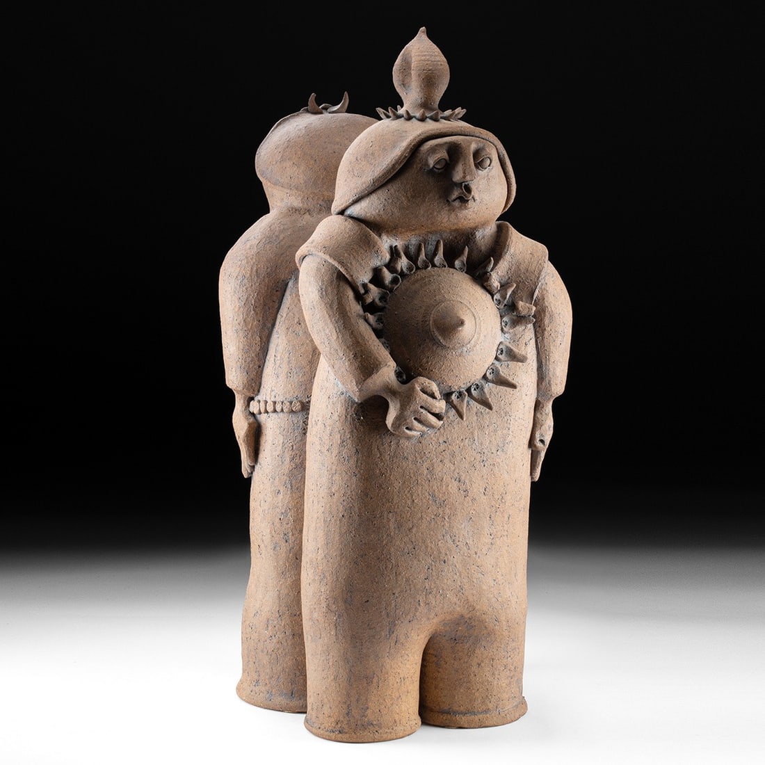 Larry Carnes Studio Pottery Sculpture - Two Standing Warriors in Helmets (1 of 5)
