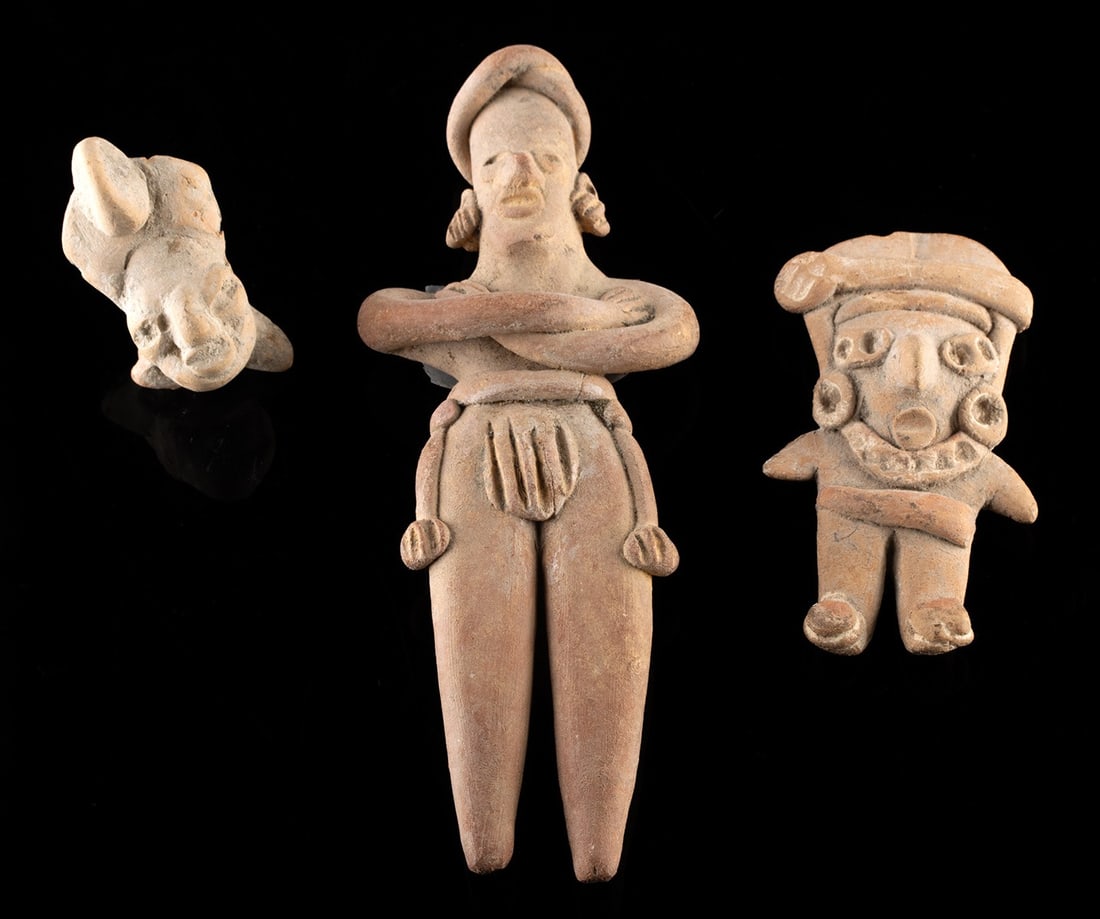 Lot of 3 Colima, Michoacan, & Tlatilco Pottery Figures: Pre-Columbian, Central Mexico, Tlatilco culture, Early Preclassic period, ca. 1200 to 800 BCE; West Mexico, Michoacan, ca. 500 to 100 BCE; Colima, ca. 200 BCE to 200 CE. A compelling grouping of three