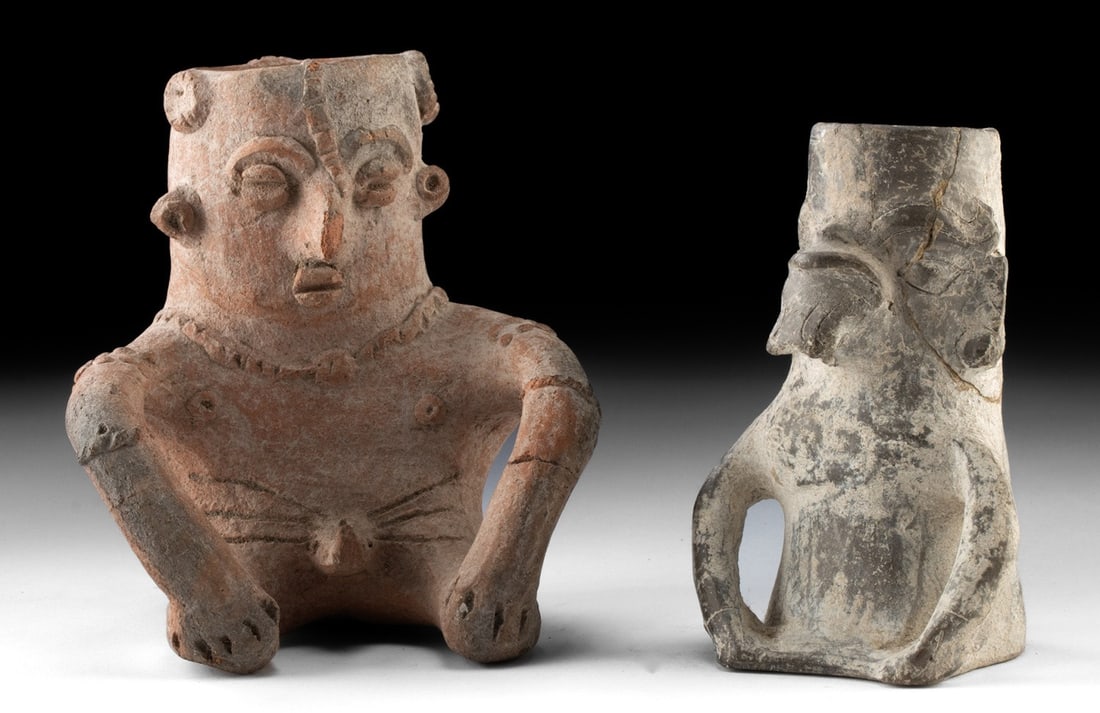 Colima Pottery Hunchback Jar & Zapotec Cocijo Urn: Pre-Columbian, Mexico, Oaxaca, Zapotec, Monte Alban, ca. 600 to 200 BCE; West Mexico, Colima, ca. 300 BCE to 300 CE. A compelling dialogue between flesh and storm, this pair of figural vessels - a Col
