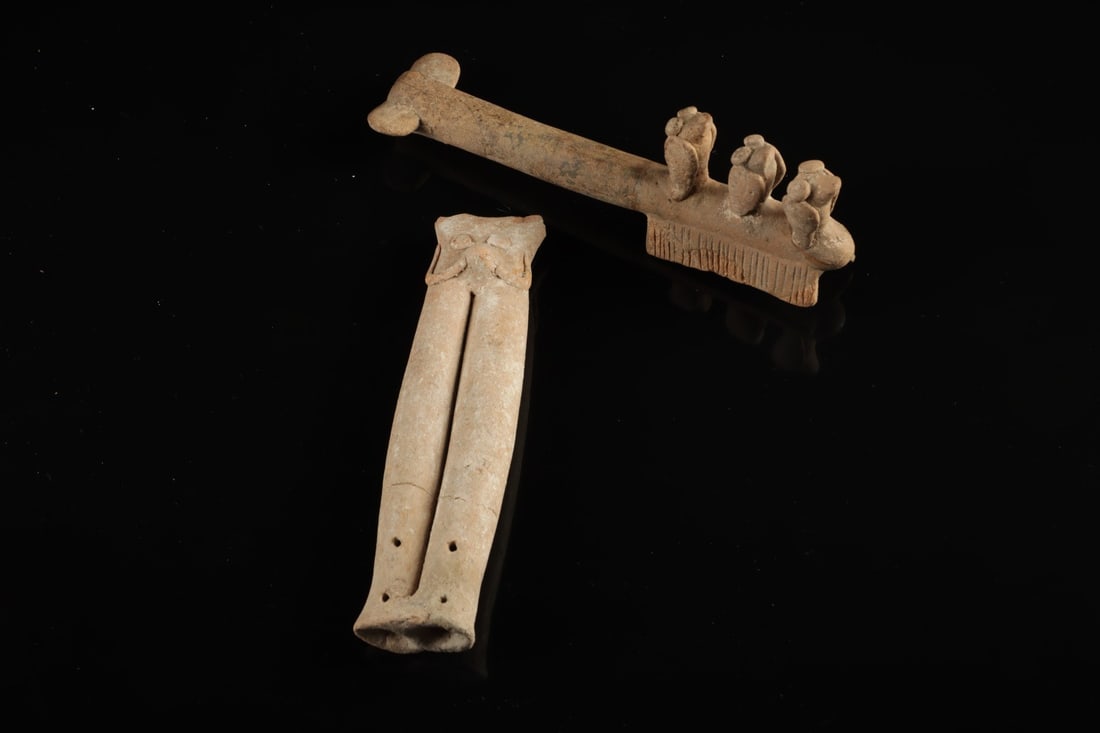 Colima Pottery Flutes - Perched Birds & Owl, Pair of Playable Aerophones: Pre-Columbian, West Mexico, Colima, ca. 300 BCE – 300 CE. A pair of earthenware flutes from West Mexico, each fashioned as a small musical instrument that still answers to breath. The larger is 