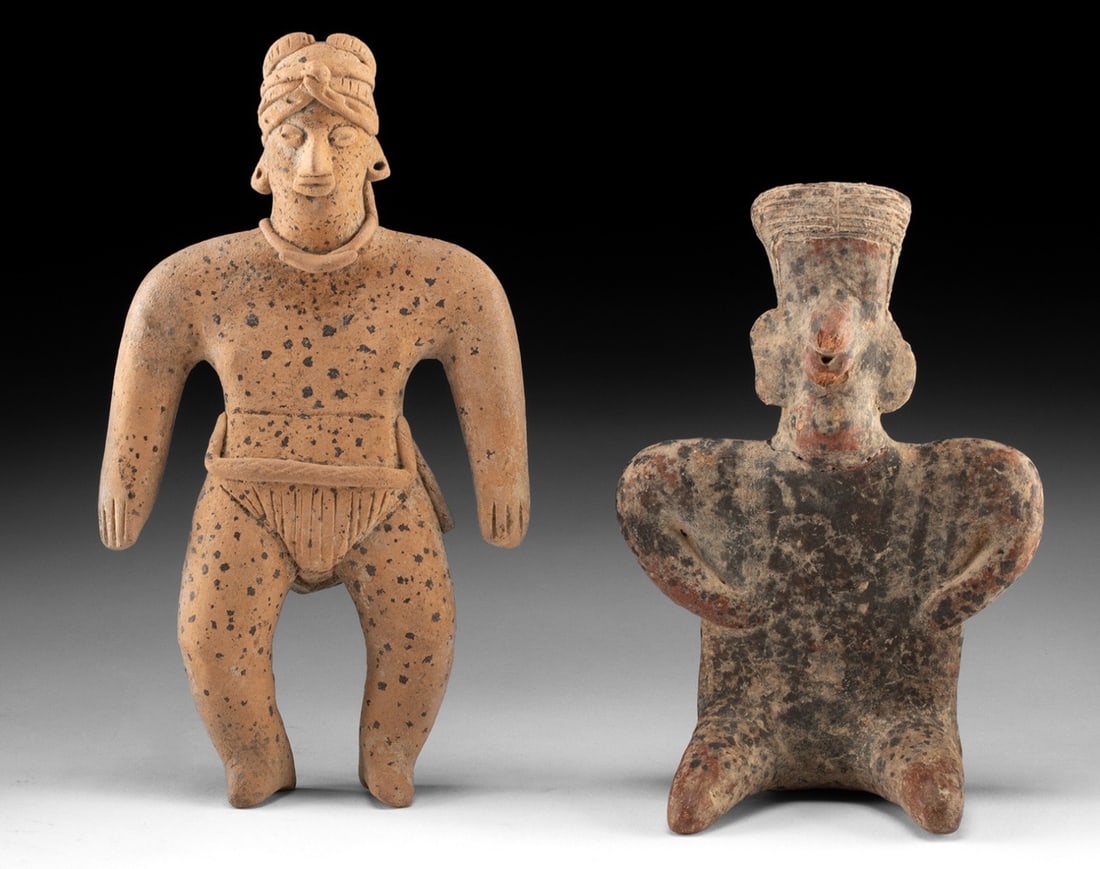 2 West Mexican Semi-Nude Male Figures, Colima & Nayarit: Pre-Columbian, West Mexico, Colima, ca. 100 BCE to 250 CE; Nayarit, ca. 100 BCE to 250 CE. A vivid pair of West Mexican pottery figures, these semi-nude male forms embody the bold stylization and huma