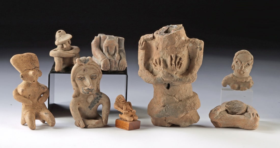 Mesoamerican Pottery Figures - 8 Piece Lot: Pre-Columbian, Costa Rica, ca. 500 BCE to 500 CE; Mexico, West Mexico, Nayarit, ca. 300 BCE to 300 CE; West Mexico, Colima, ca. 300 BCE to 300 CE; Oaxaca, Zapotec, ca. 200 BCE to 800 CE; Michoacan, ca