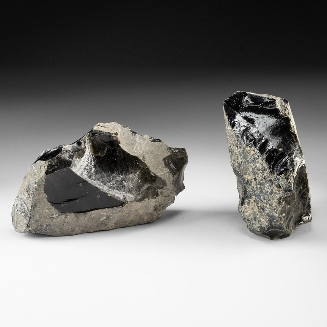 Obsidian Cores - Two Glassy Black Volcanic Stone Nodules with Worked Edges (1 of 2)