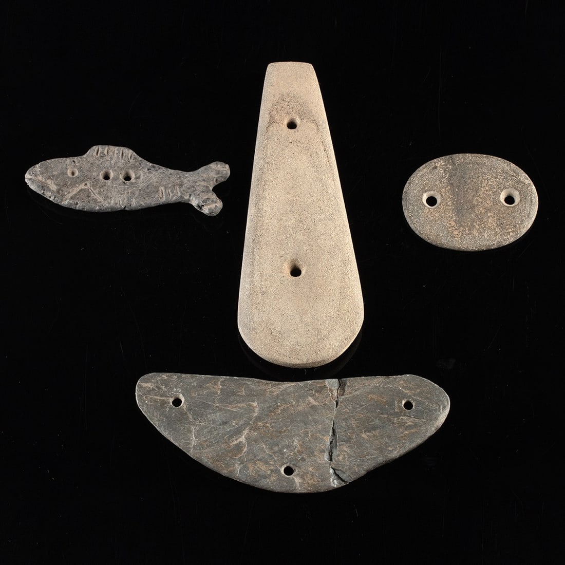 Mississippian Stone Gorgets, Group of Four - Fish, Crescent, Celt, & Oval (1 of 2)
