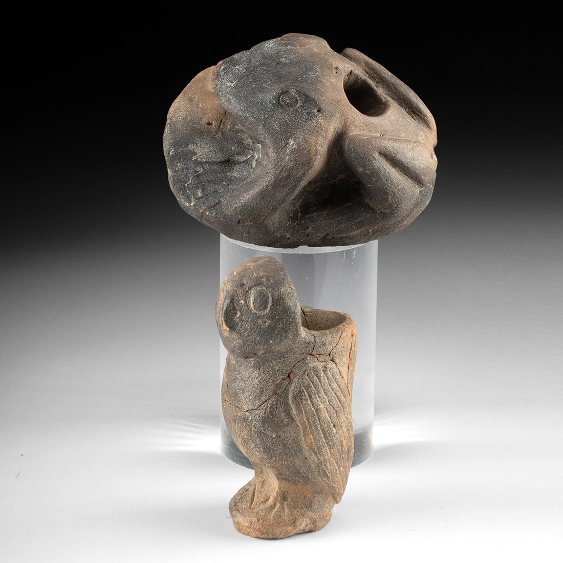 Mississippian Pottery Effigy Pipes - Frog & Owl, Pair (1 of 3)
