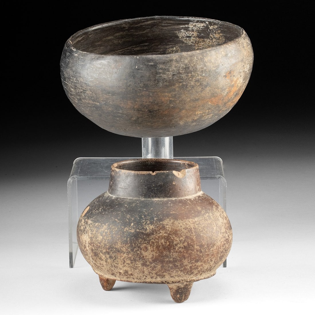 Mississippian Blackware Vessels - Tripod Jar & Burnished Bowl (1 of 3)
