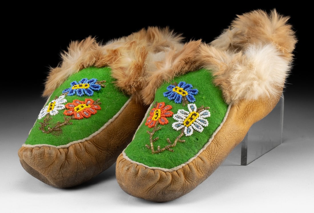 Athabascan Leather & Rabbit Fur Beaded Moccasins: Native American / First Nations, Northwestern United States, Alaska / Northern Canada, Athabascan (Dene), ca. mid to late 20th century CE. A pair of soft-soled leather moccasins trimmed in rabbit fur 