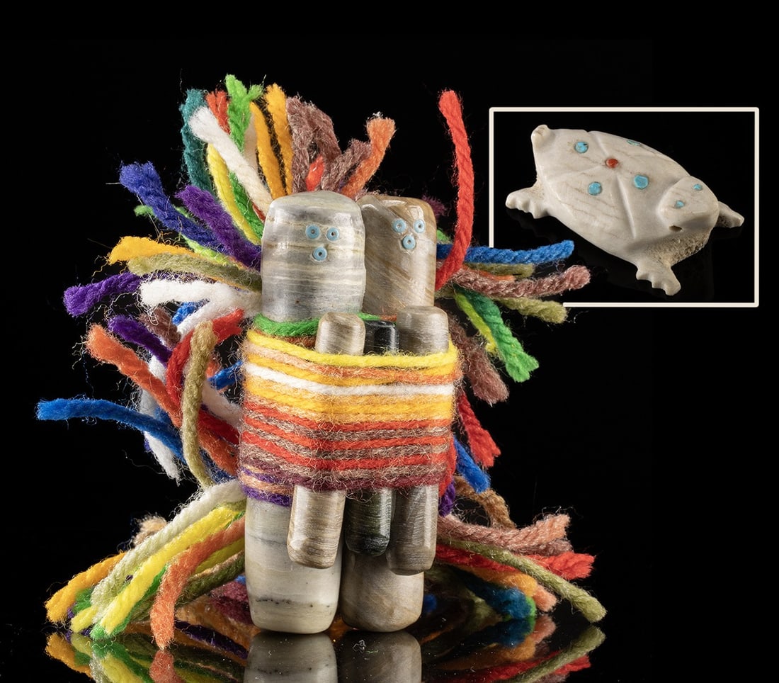Zuni Antler Lizard Pendant & Navajo Stone Fetish Bundle: Native American, Southwestern United States, Zuni Pueblo & Navajo, ca. mid to late 20th century CE. A prayer fetish bundle and a horned lizard pendant, each crafted from natural materials. The pendant