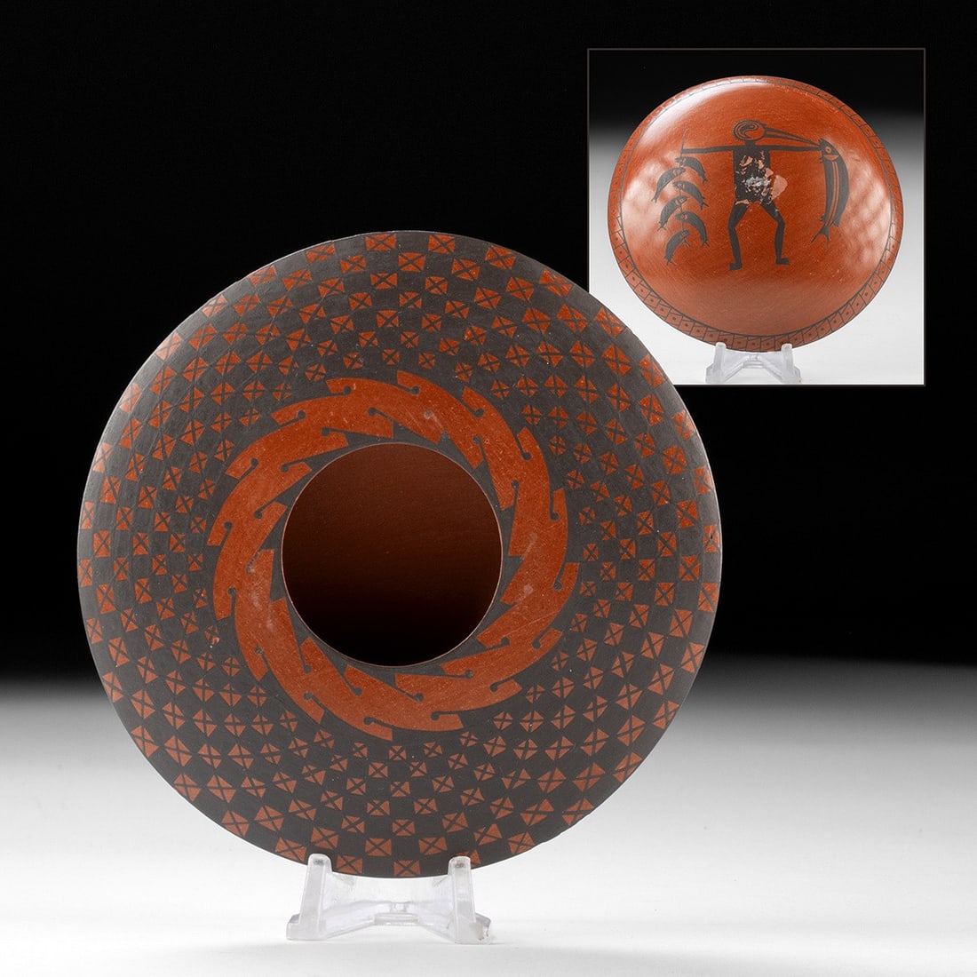 Mata Ortiz Seed Jar w/ Bird-Headed Fisherman by Letty Rodriguez M.: Leticia (Letty) Rodrigez Mora (Mexican, active late XX-XXI century). Pottery seed jar with bird-headed fisherman, n.d. Signed "Letty Rodriguez M." just below shoulder. A low, disc-shaped seed jar whos