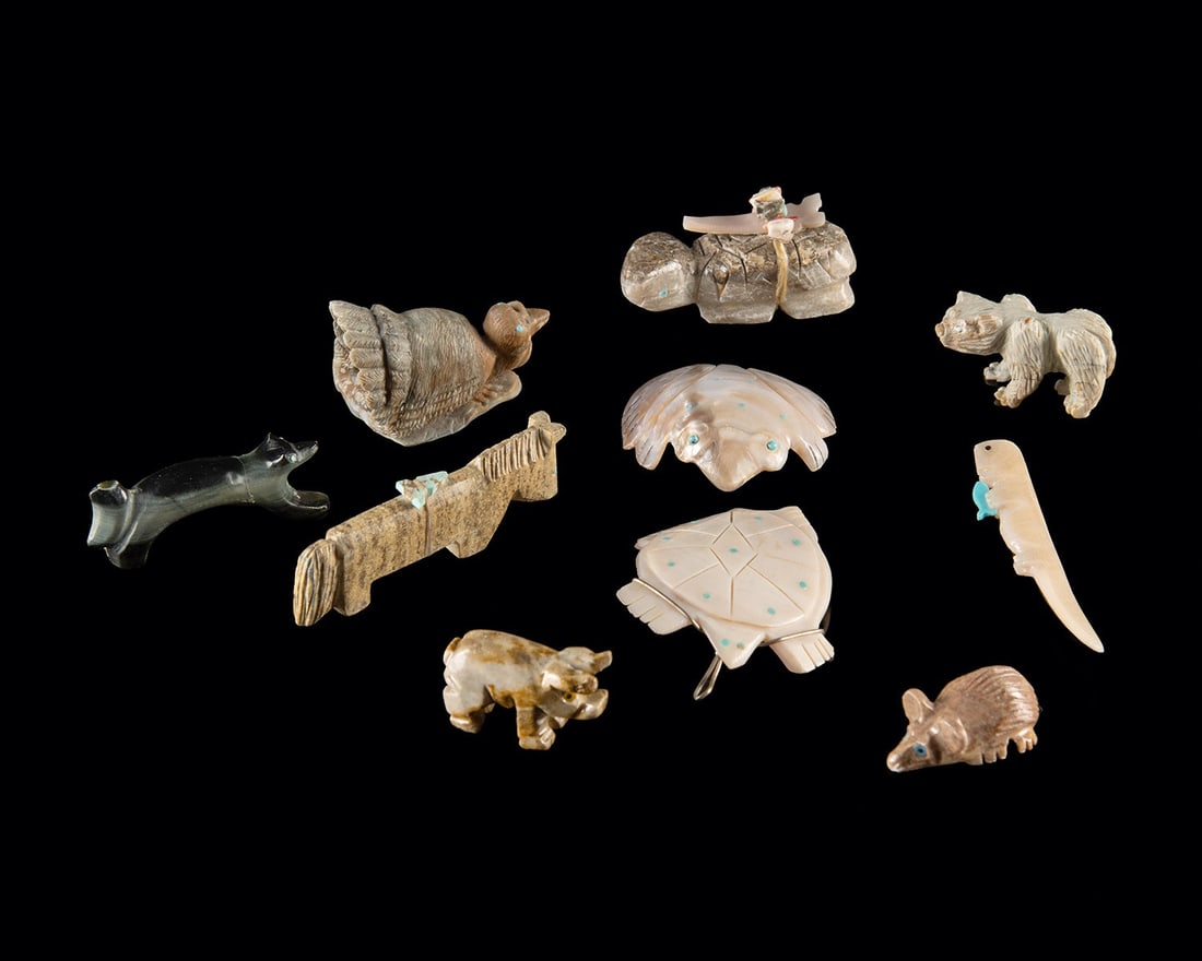 Native American Zuni Animal Fetish Shell & Stone Carvings, 10 pcs: Native American, Southwestern United States, Zuni Pueblo, ca. late 20th century. A collection of ten hand-carved stone and shell animal fetishes. Two large pieces in iridescent nacre shell - a frog an