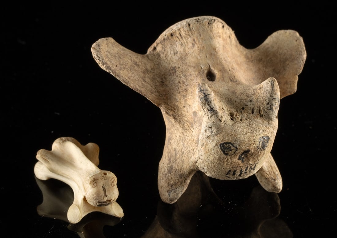 Two Alaskan Bone Vertebrae w/ Drawn on Animal Faces (1 of 3)