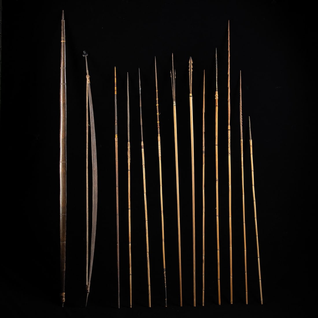 New Guinea Asmat Palmwood Bow & Six Cane Hunting Arrows (1 of 2)
