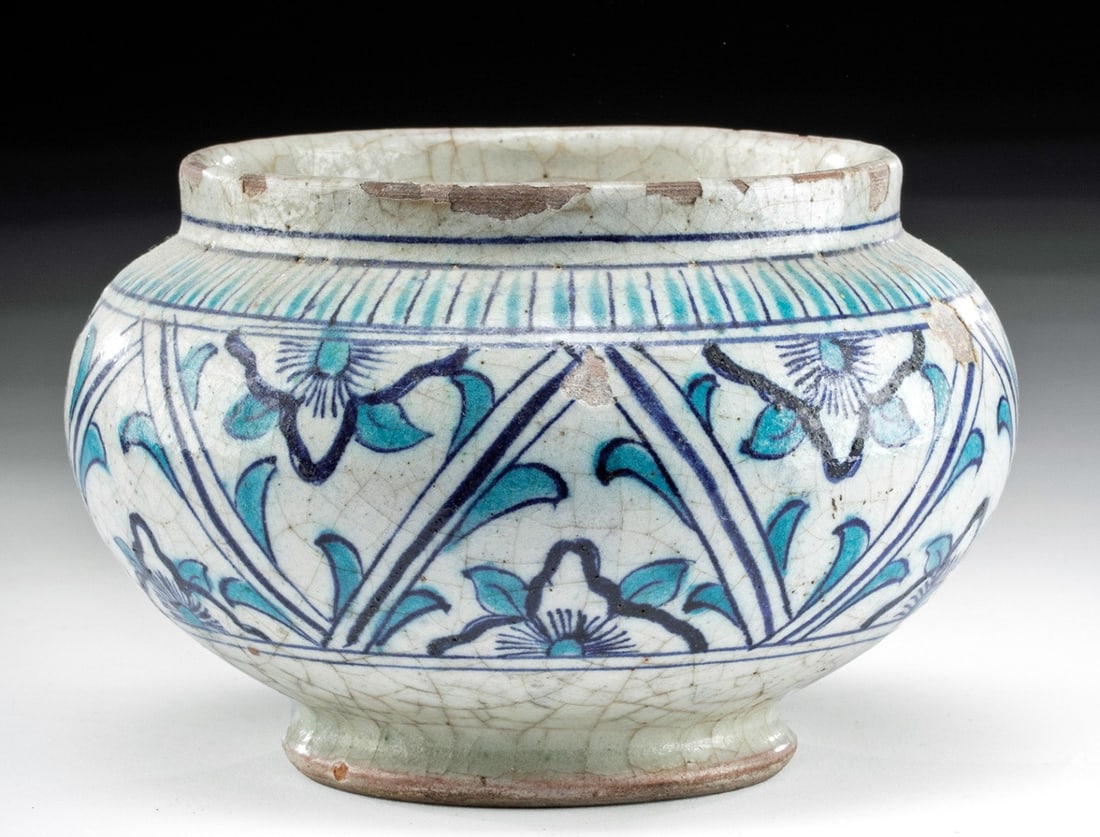 19th C. Persian Qajar Fritware Bowl - Blue Floral