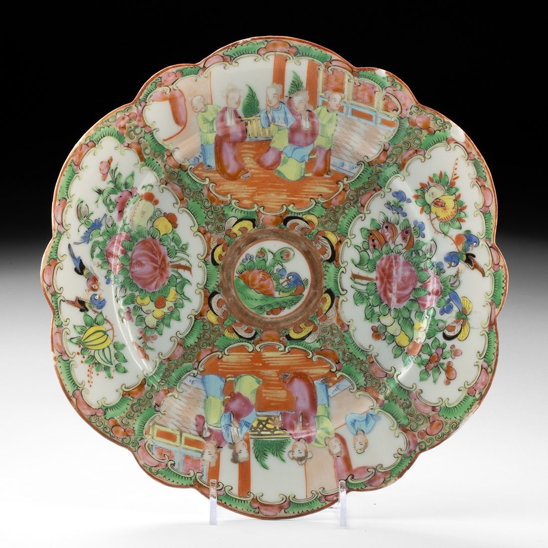 19th C. Chinese Rose Medallion Porcelain Plate - Court Figures & Florals: East Asia, China, Qing dynasty to Republic era, ca. 1800–1950 CE. An export porcelain plate in the Rose Medallion pattern, the scalloped rim enclosing four panels of alternating court figures an