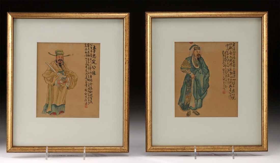 Qing Dynasty Scrolls - Loyal Minister and General: East Asia, China, Qing Dynasty, ca. late 19th to early 20th century CE. A paired set of Qing dynasty ink and color portraits, each depicting a revered Chinese historical figure - one a loyal minister,