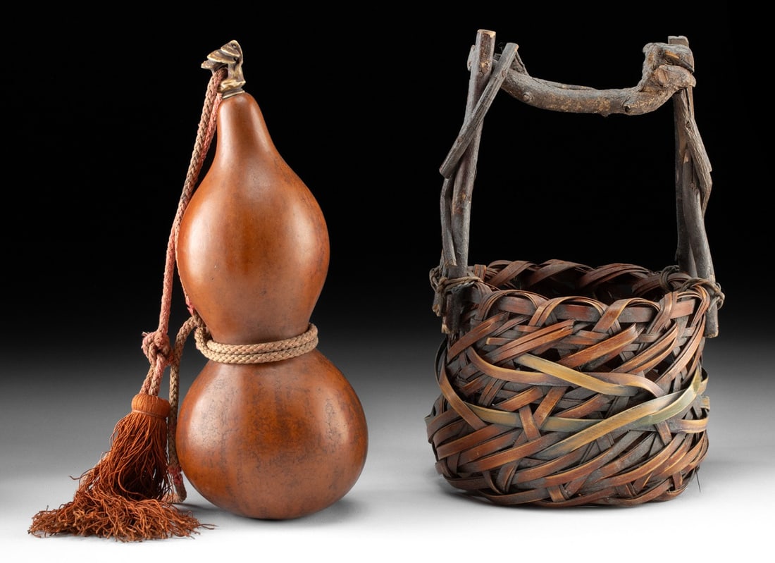 Japanese Rustic Ikebana Basket & Hyotan Gourd Vessel (1 of 2)