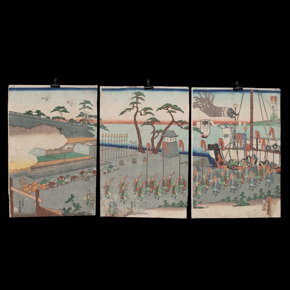 19th C. Japanese Woodblock Triptych - Yoshimori, Arai, Tokaido (1 of 3)