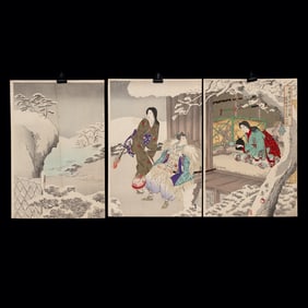 19th C. Chikanobu Woodblock Triptych - Hino Suketoshi Visits Shinozuka
