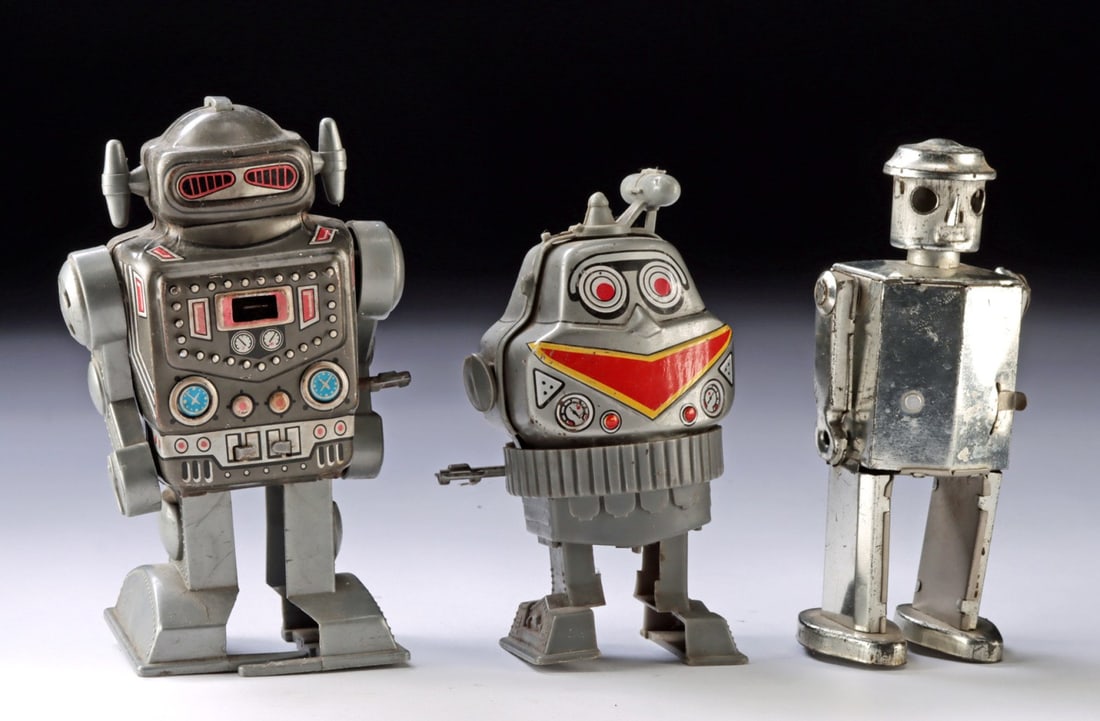 3 Japanese Wind-Up Tin Toy Robots, Sparking Walker Types 1960s (1 of 2)