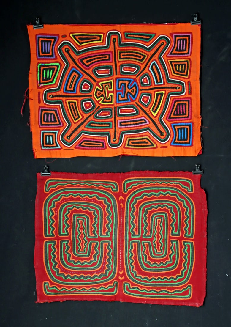 Kuna Mola Textiles | Reverse Applique Geometric | Panama San Blas Islands: Central America, Panama, San Blas Islands, Guna (Kuna) culture, ca. mid to late 20th century CE. Two rectangular mola textile panels created in layered reverse applique technique, featuring abstract g