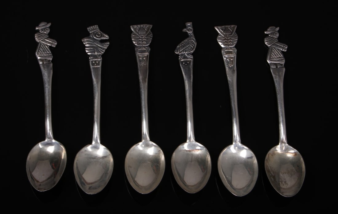 Six Peruvian Del Pilar Silver Teaspoons, Condors & Figures (1 of 5)