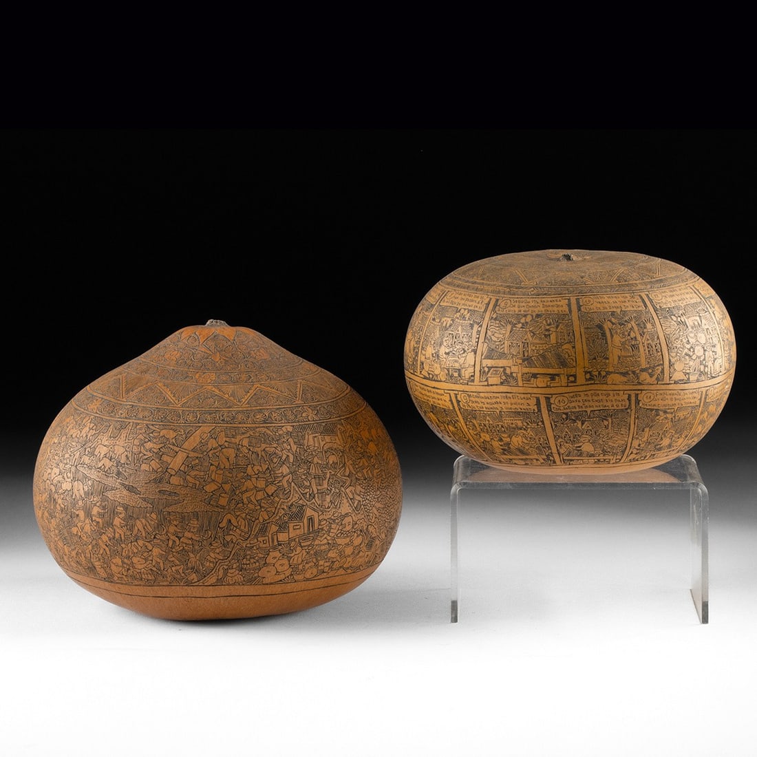 Two Peruvian Pyro Engraved Gourds - Narrative Village Scenes (1 of 6)