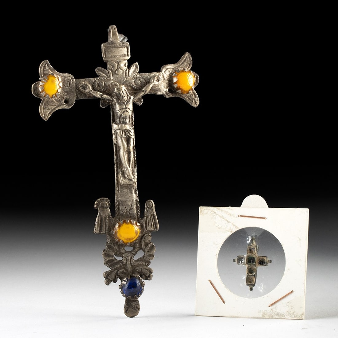 Late 19th to Mid-20th C. Mexican Silvered Metal Cross Pendants with Glass Cabochons (1 of 2)