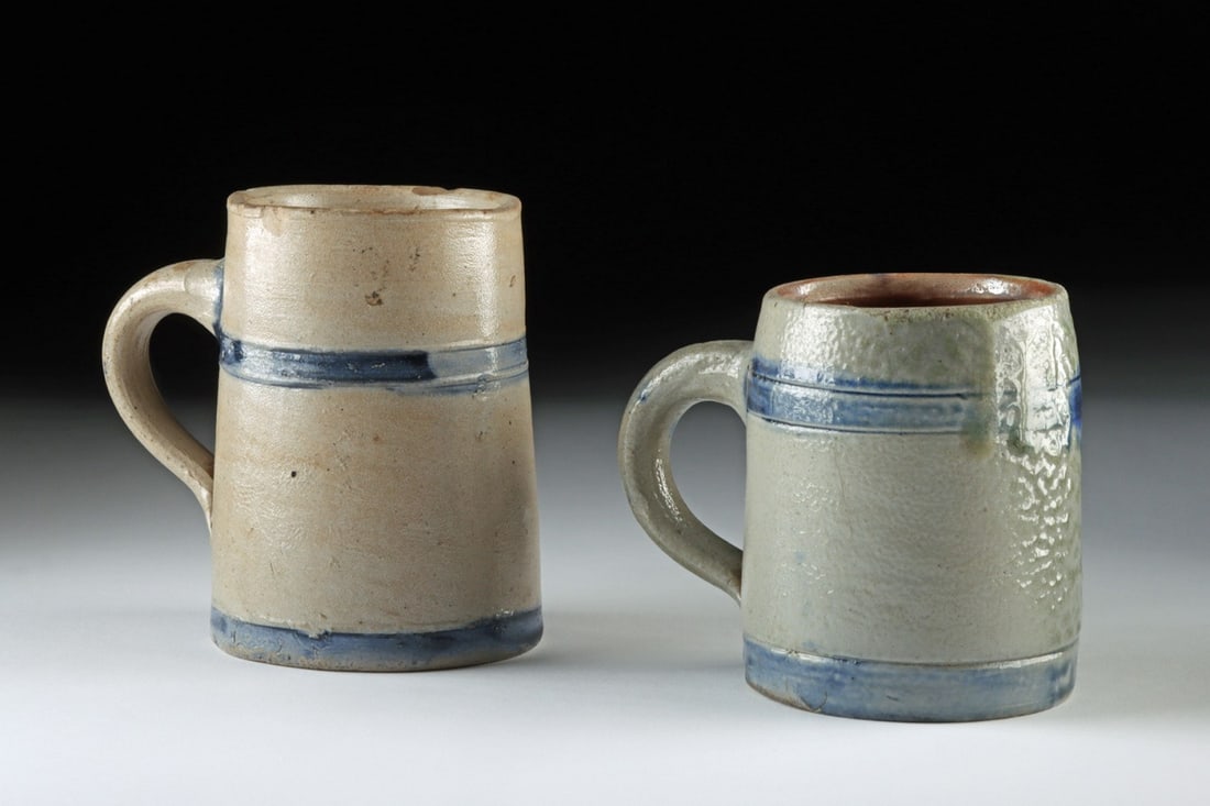 18th C. American Salt-Glazed Stoneware Mugs with Cobalt Bands (1 of 4)