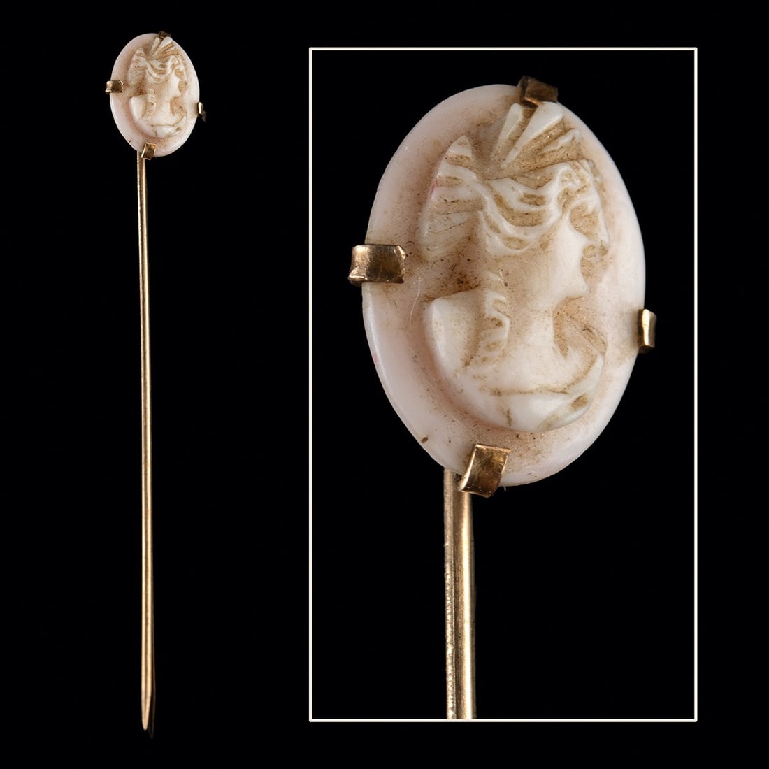 Victorian 9K Gold Stickpin with Shell Cameo Portrait of a Lady (1 of 3)