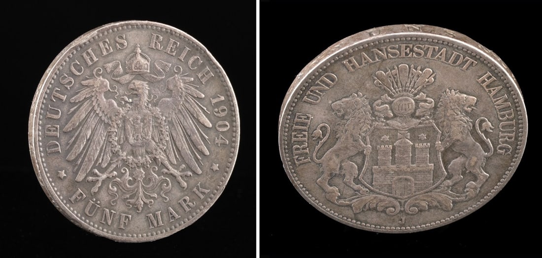 1904 German Hamburg 5 Mark Silver Coin: Western Europe, Germany, ca. 1904 CE. A large silver 5 Mark coin issued for the Free and Hanseatic City of Hamburg, struck in 90% fine silver. The obverse features Hamburg's coat of arms with a castle