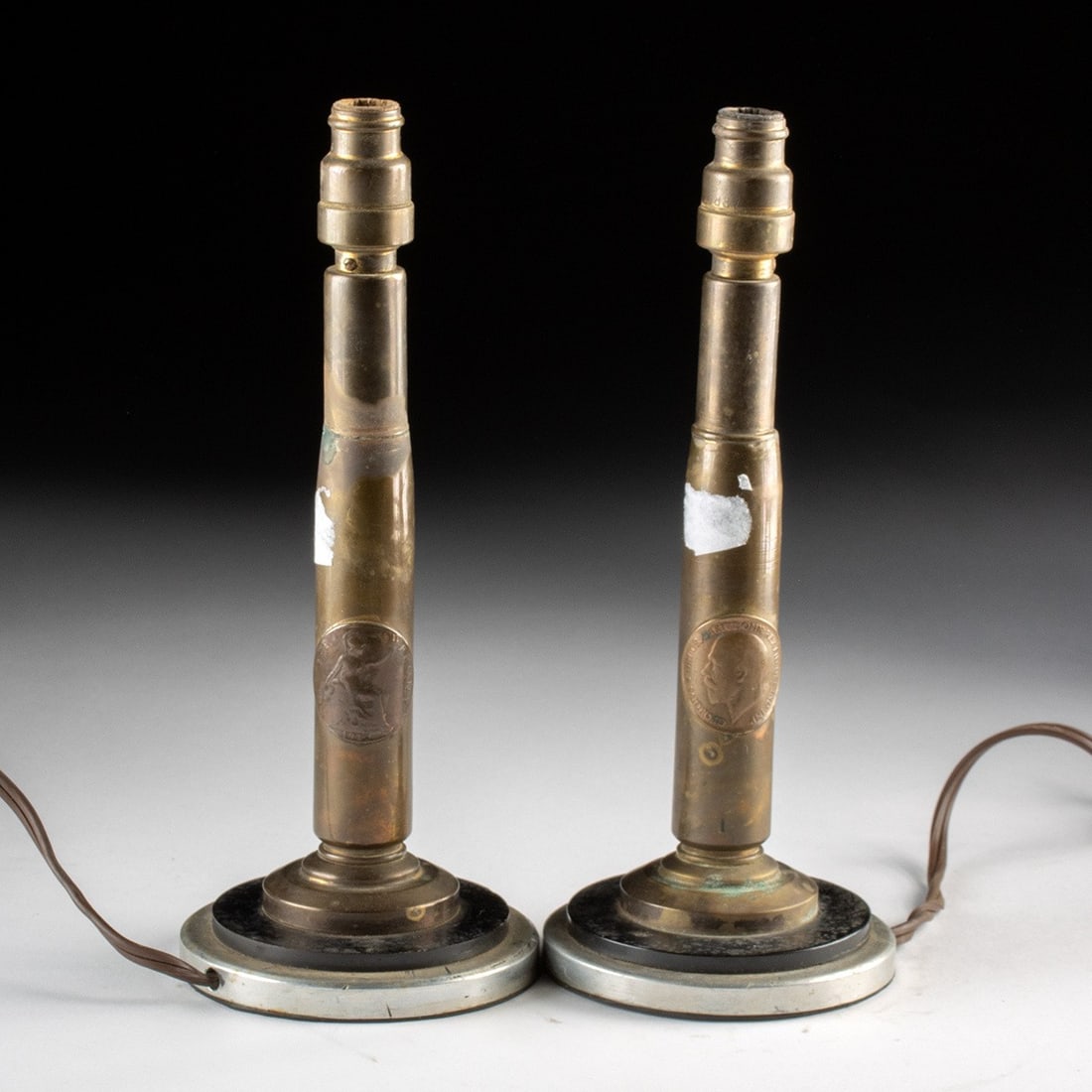 Pair WWI Trench Art Brass Shell Lamps - 1912 British George V Penny, Heaton Mint (1 of 3)