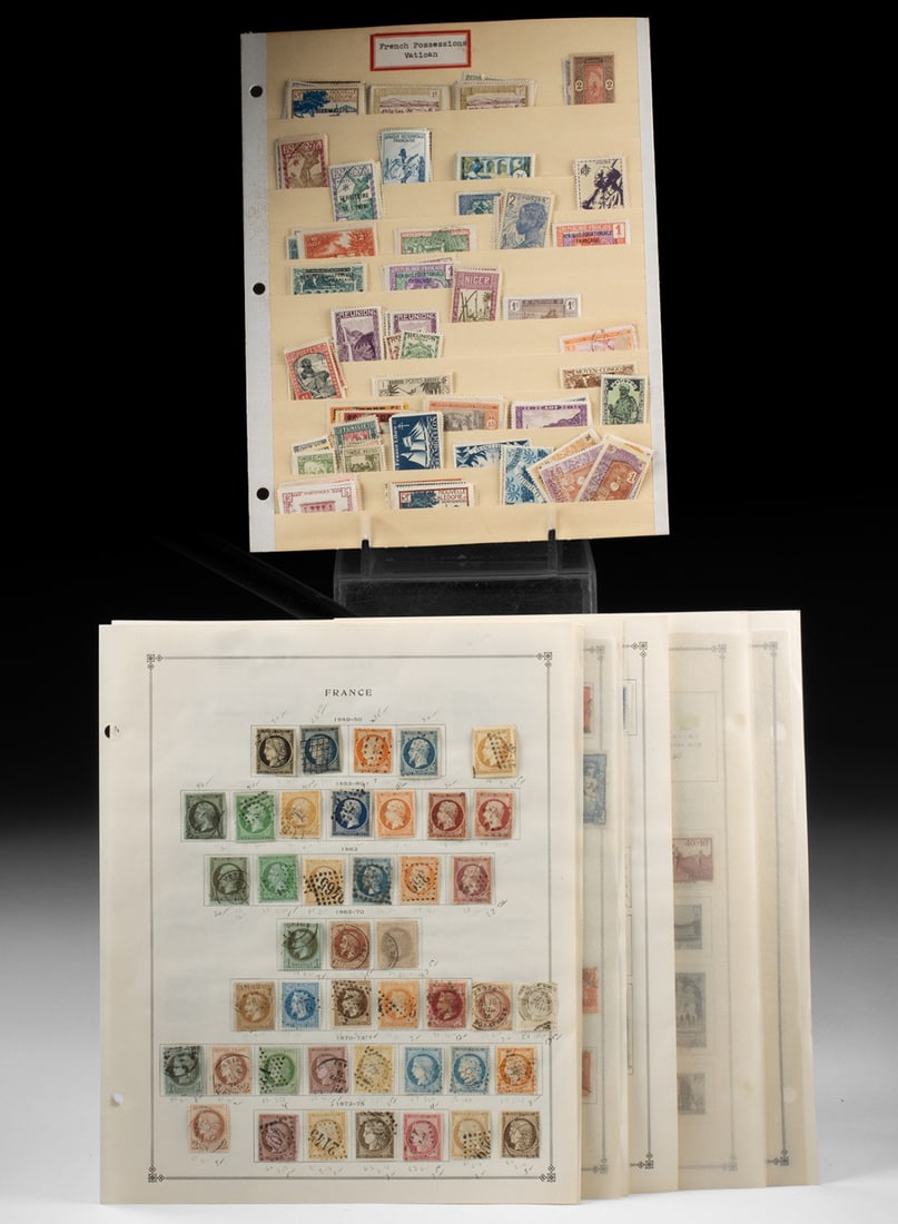 French Stamp Collection - 1849-1936 Issues: France and French Territories, ca. 1848 to 1936 CE. A wide-ranging ensemble of French postal stamps including the elusive 1849-50 #7, spanning classic early issues through later pictorial types and ex