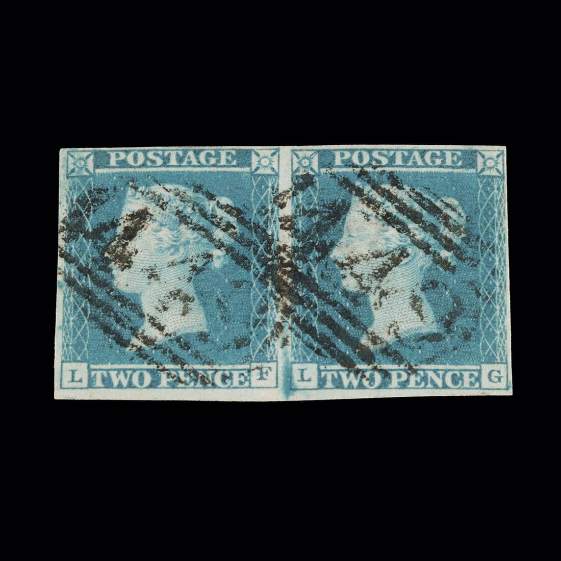 1841 British Two Pence Blue Victoria Stamps - Uncut Used Pair (1 of 2)
