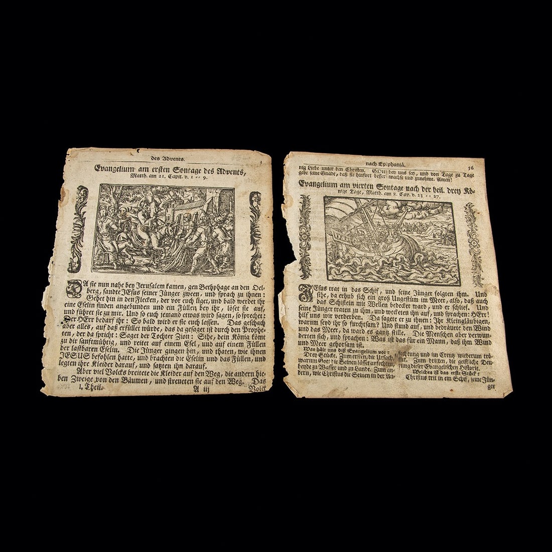17th C. German Woodcut Gospel Leaves - Entry to Jerusalem & Storm at Sea: Central Europe, Germany, Lutheran, ca. 1690–1740 CE. A colt threads a shouting crowd on one leaf while, on the other, a small ship heels into a sea lashed up like fire, the two scenes cut in rel