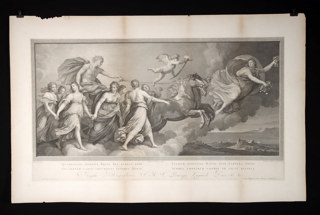 18th c. Italian Engraving after Reni - Apollo & Aurora: Raphael Sanzio Morghen (Italian, 1758-1833). After Guido Reni (Italian, 1575-1642). Drawn by Antonio Cavallucci (Italian, 1752-1795). "Quadrijugis Invectus Equis Sol Aureus Exit ..." copper engraving,