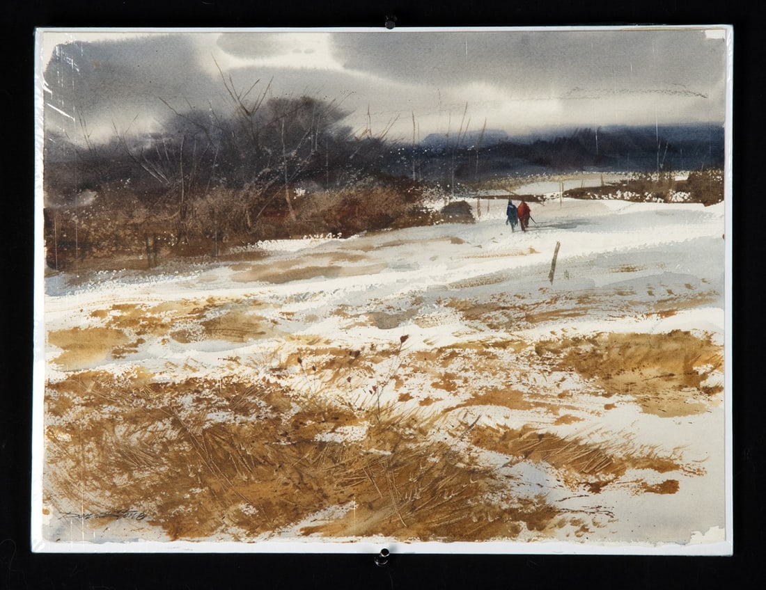 Don Stone Watercolor Painting, 2 Figures in Snowy Field: Don Stone (American, 1929-2015). Figures in a Snowy Field. Watercolor, ca. 1970s CE. A winter field becomes a quiet stage in this 1970s watercolor by Don Stone, its pale expanse interrupted only by tw