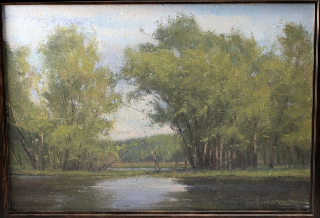 Marc R. Hanson Painting - "Greens and Reflections" 2008: Marc R. Hanson (American, b. 1955). "Greens and Reflections" oil on canvas, 2008. Signed and dated at lower right and titled on verso. A tranquil river edged by luminous trees unfolds in "Greens and R
