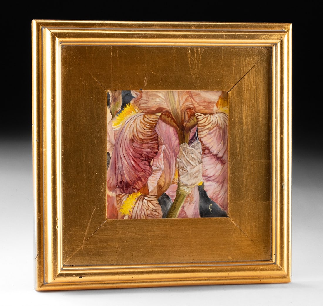 Cathy Trachok Painting - "In A Georgia State of Mind": Cathryne Trachok (American, XX-XXI). "In A Georgia State of Mind" oil on board, n.d. Initialed at lower right. A stunning painting depicting iris blooms of fuchsia, yellow, and white hues, meticulousl
