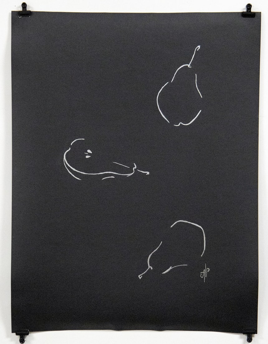Alena Vavilina "Silver Pear" Painting: Alena Vavilina (b. Russia, b. 1986). "Silver Pear" mixed media: paint and silver leaf on paper, n.d. Signed "AV" at lower right. A delightful composition by award winning contemporary artist Alena Vav