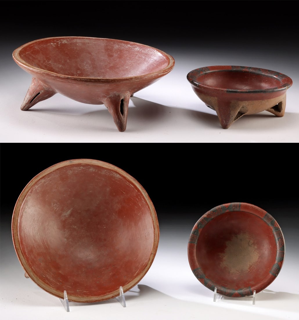 Two Ancient Chupicuaro Pottery Tripod Bowls: Pre-Columbian, West Mexico, Chupicuaro culture, ca. 500 to 100 BCE. A group of 2 hand-built pottery bowls of squat forms, each exhibiting highly burnished surfaces and russet hues, with the shorter ve