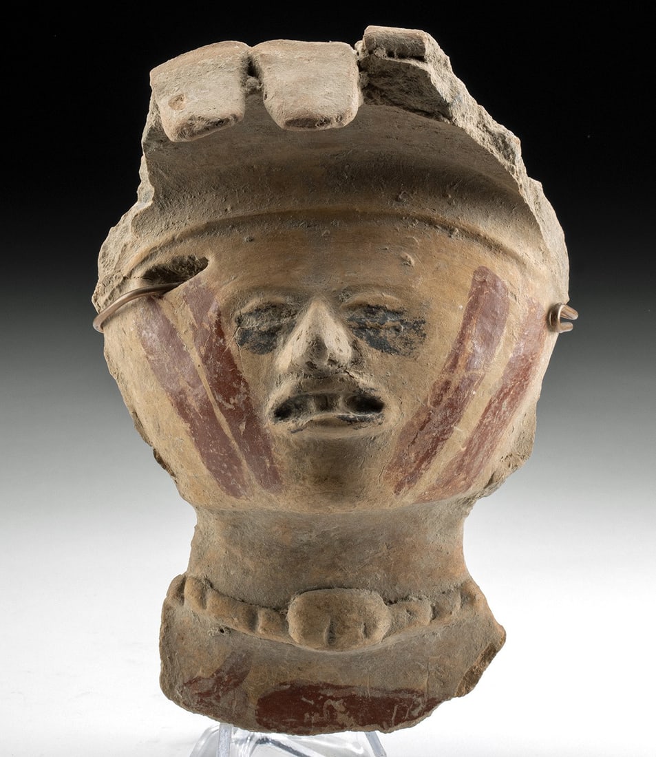 Veracruz El Faisan Pottery Fig Head Frag: Pre-Columbian, Gulf Coast of Mexico, South-Central Veracruz, El Faisan region, Veracruz (Vera Cruz) culture, Early Classic Period, ca. 450 to 600 CE. A mold-formed head fragment from a larger figure. 