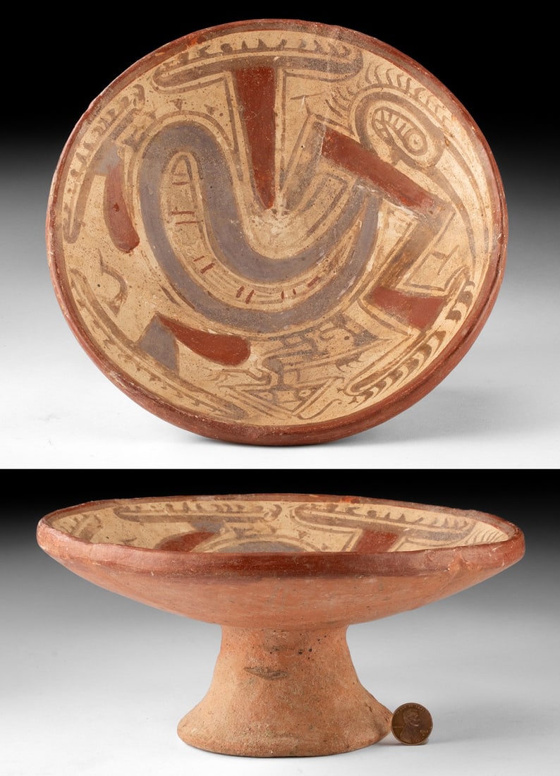 Cocle Pottery Fruitera, Zoomorphic Design, Panama: Pre-Columbian, Panama, Cocle culture, ca. 800 to 1000 CE. A Cocle pottery fruitera, its shallow bowl raised on a flared pedestal and painted with a stylized zoomorphic figure rendered in red, buff, an