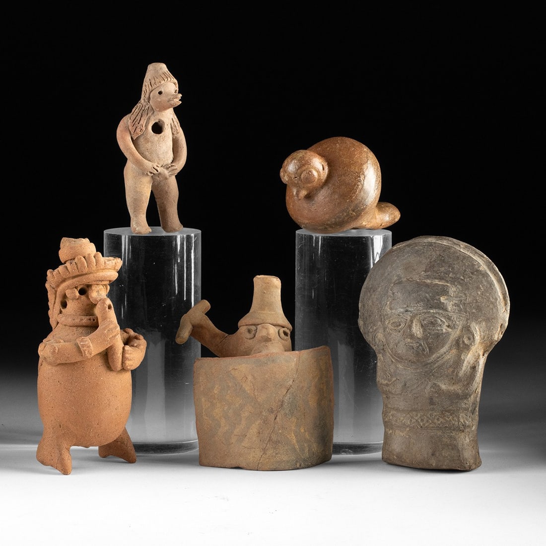 Five Pre-Columbian Ceramic Effigy Whistles & Rattle Figures (1 of 2)