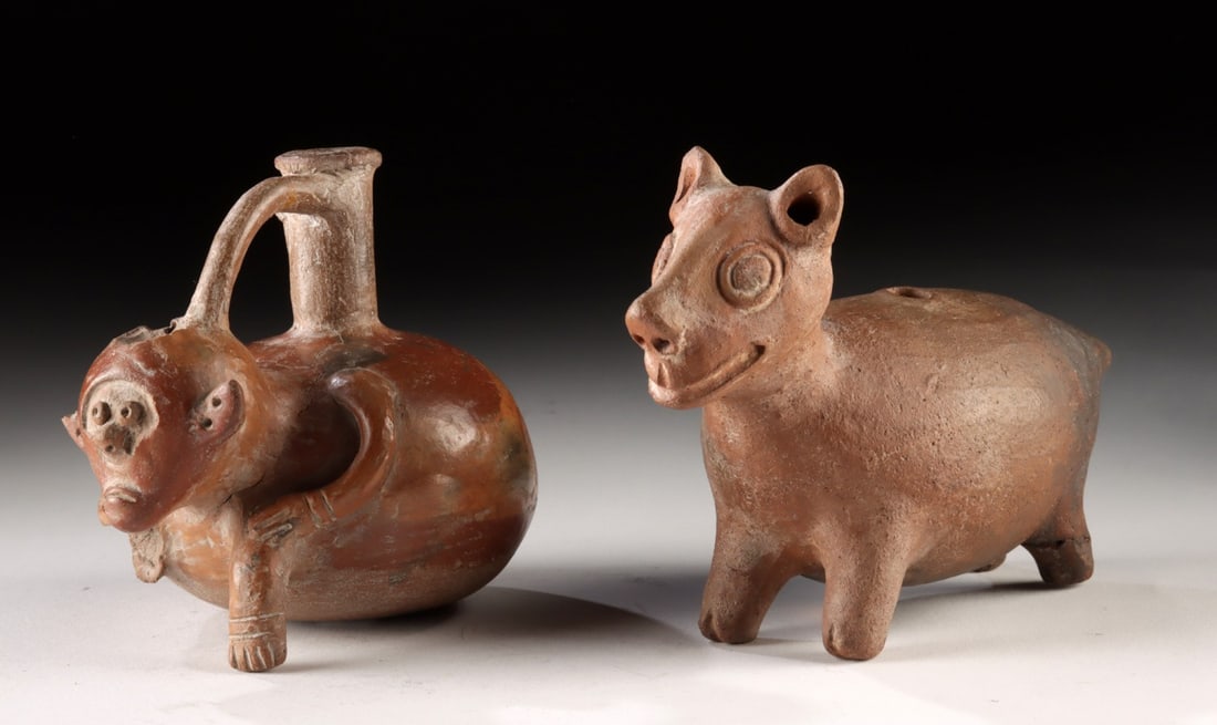 Chancay Pottery Deer Whistle & Salinar Monkey Jar: Pre-Columbian, Central Andes, Peru, Salinar culture, ca. 200 BCE to 200 CE; Chancay culture, ca. 1000 to 1470 CE. A captivating pair of Pre-Columbian pottery vessels representing animal forms, each se